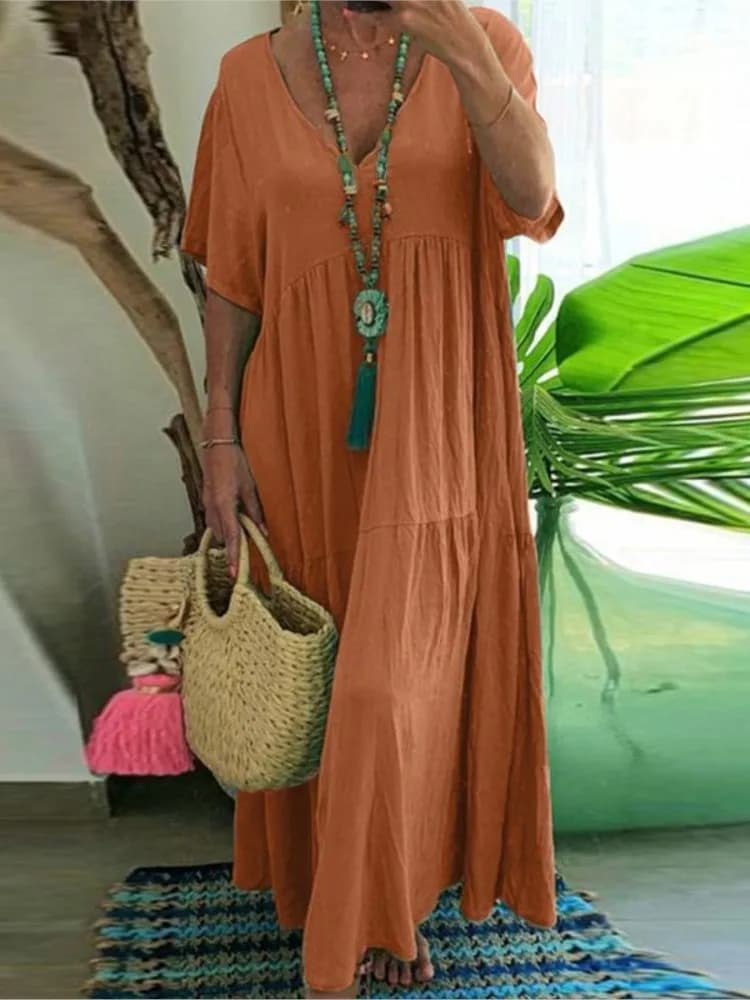 Women's Long Dress New Fashion Summer V-neck Mixed Cotton Elegant Vintage Dress Large Casual Swing