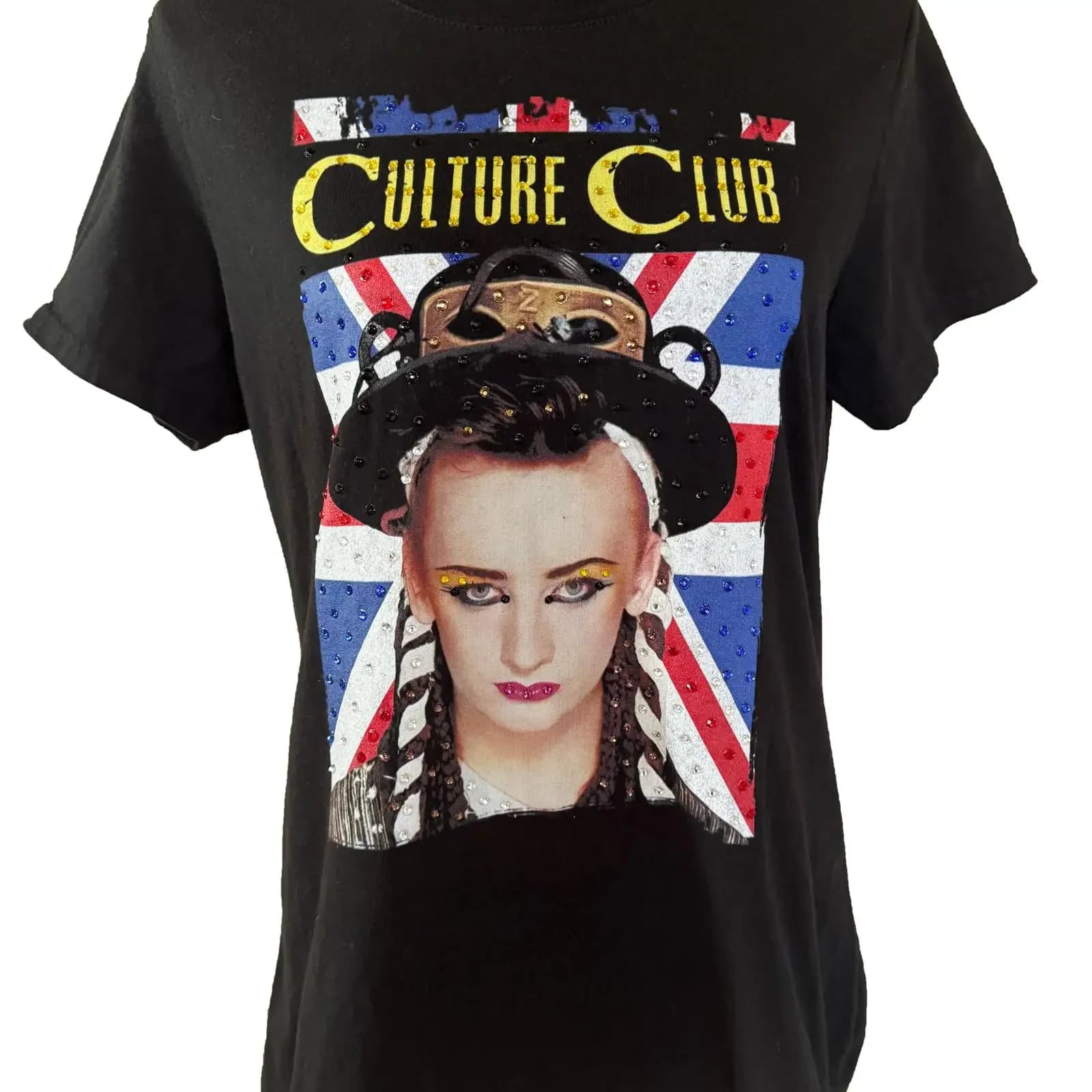 Culture Club Rhinestone T Shirt Upcycled 80s Inspired Concert Boy George Pop Statement Top One of a Kind vintage Washed