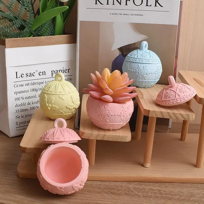 new design christmas round ball jar silicone mold with lids diy handmade concrete relief snows berry scented candle vessel molds