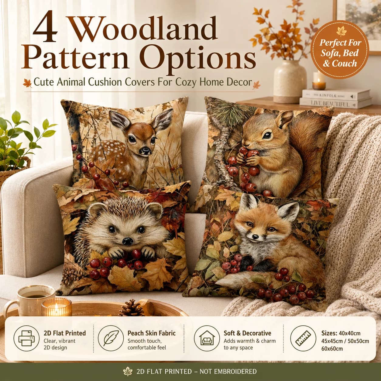 Autumn Woodland Animal Cushion Cover 2D Flat Printed Peach Skin Pillowcase Cute Fox Deer Throw Pillow for Sofa Bed Home Decor