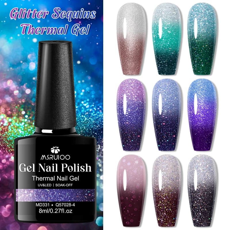 MSRUIOO 8ml Glitter Paillettes Gel Termico Smalto Per Unghie Cambia Colore Unghie Artistiche FAI DA TE Soak Off UV/LED Gel per MAnicure Design FAI DA TE