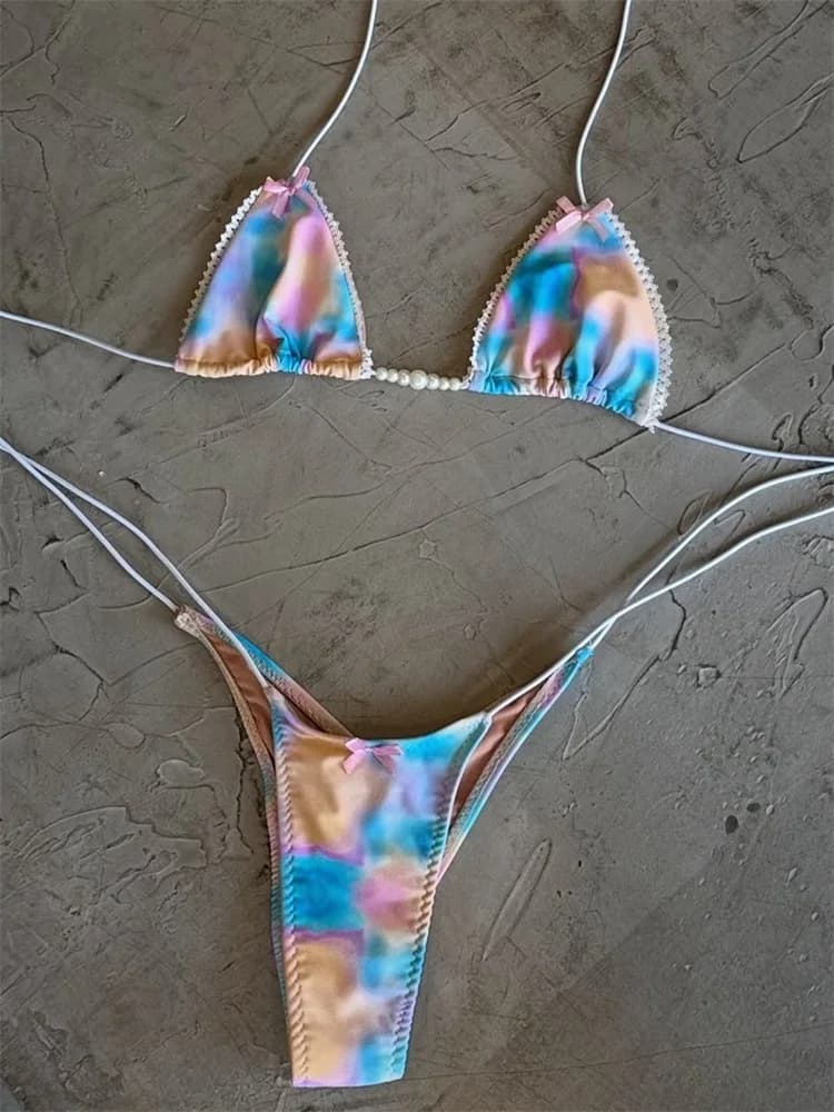 Micro Bikini Stampati Donna 2026 con Volant, Costume da Bagno a Triangolo, Biquini con Lacci, Perizoma, Abbigliamento da Spiaggia Estivo