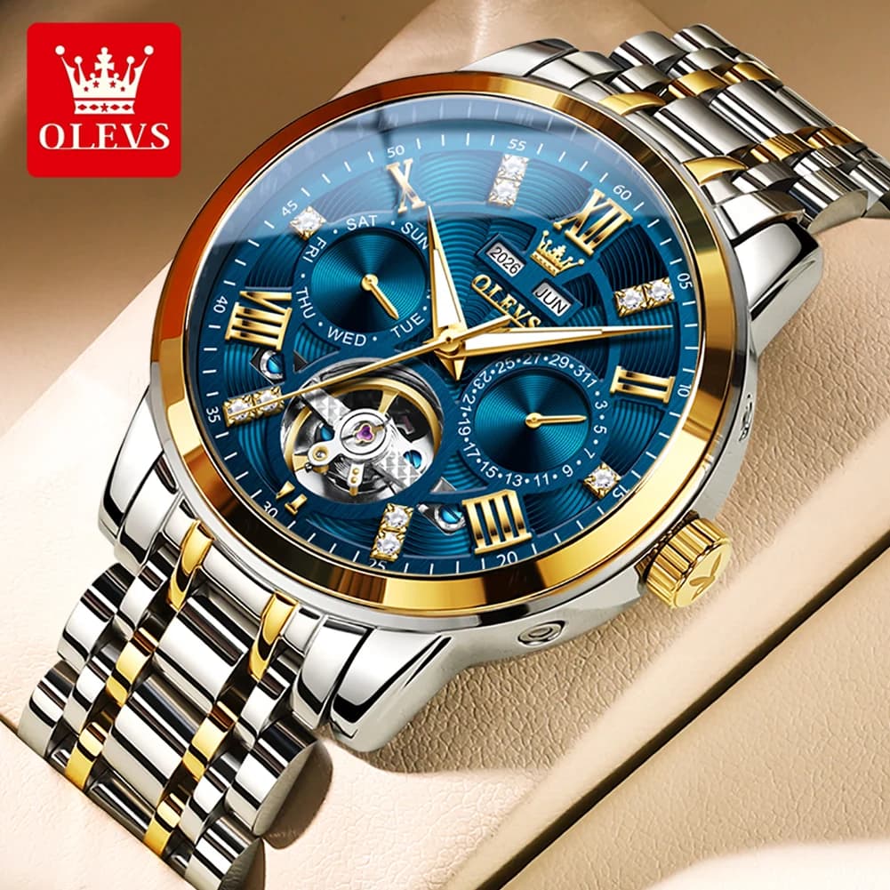 OLEVS Original Mens Automatic Watches Gold Skeleton Tourbillon Self Winding Mechanical Stainless Steel Waterproof Wristwatch