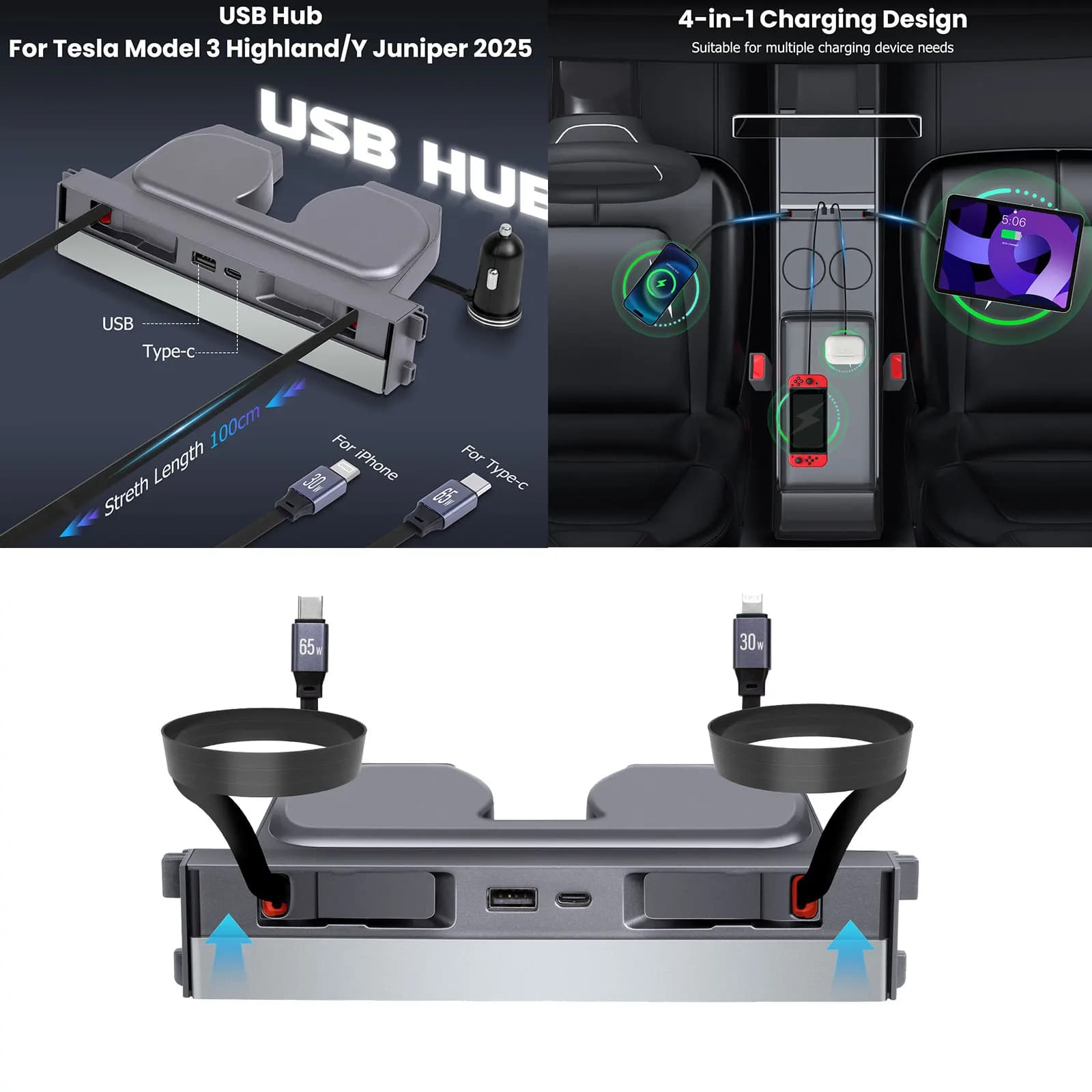 Stazione di ricarica rapida per auto per Tesla Model Y Juniper 2025 e Model 3 Highland, hub USB multiporta per console centrale