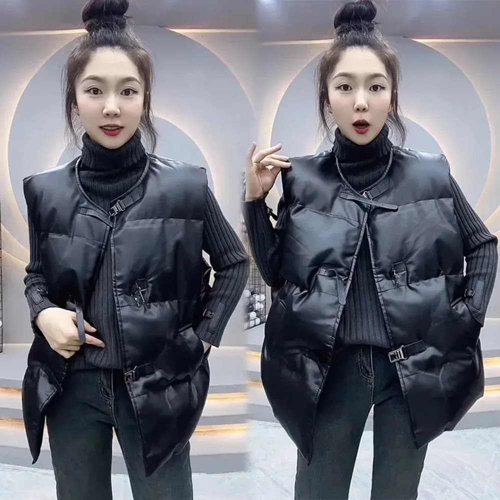 Tempera PU vests pink cotton padded coat button metal women vest outweargilet winter for women parka without sleeves