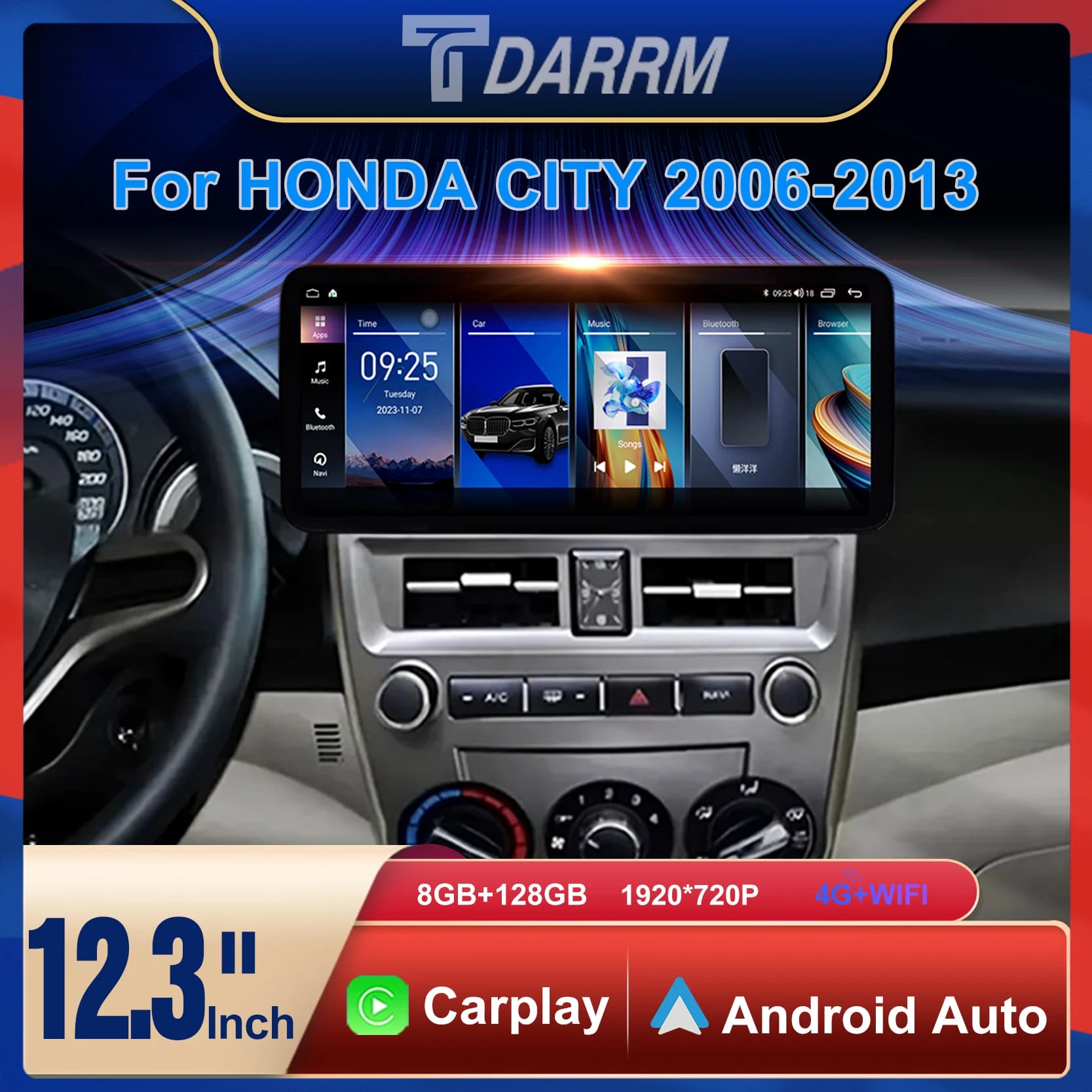 Autoradio Android da 12.3 pollici per Honda City 2008 2010 2011 2012 2013 CarPlay Stereo QLED Auto GPS 4G 2Din Lettore video multimediale