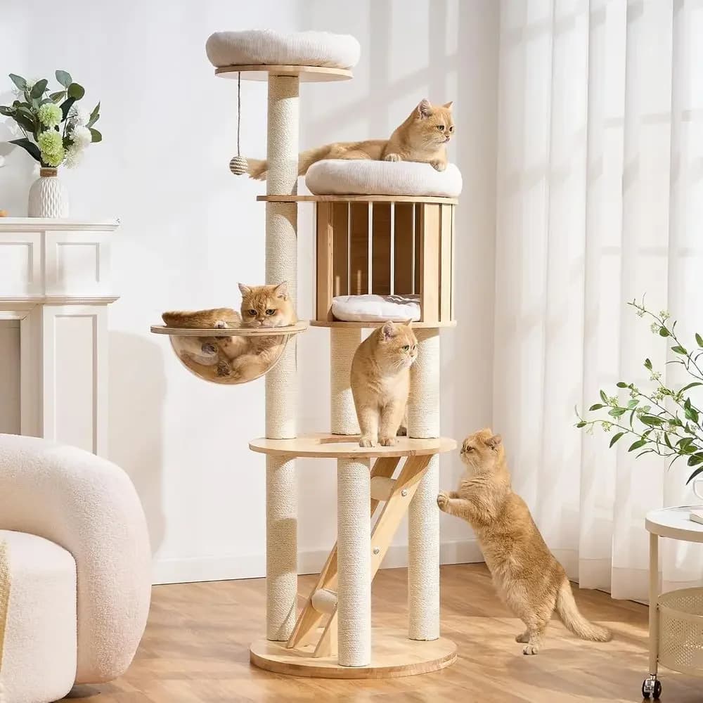 61.5 Tall Solid Wood Cat Tower with Multiple Levels, Scratching Posts, Beds, Condo, and Dangling Ball