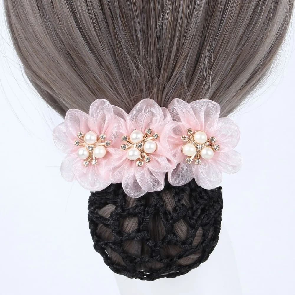 Hair net with delicate flower in fake pearls, double-use fabric mesh, spring clips, colored ornament, hair accessories