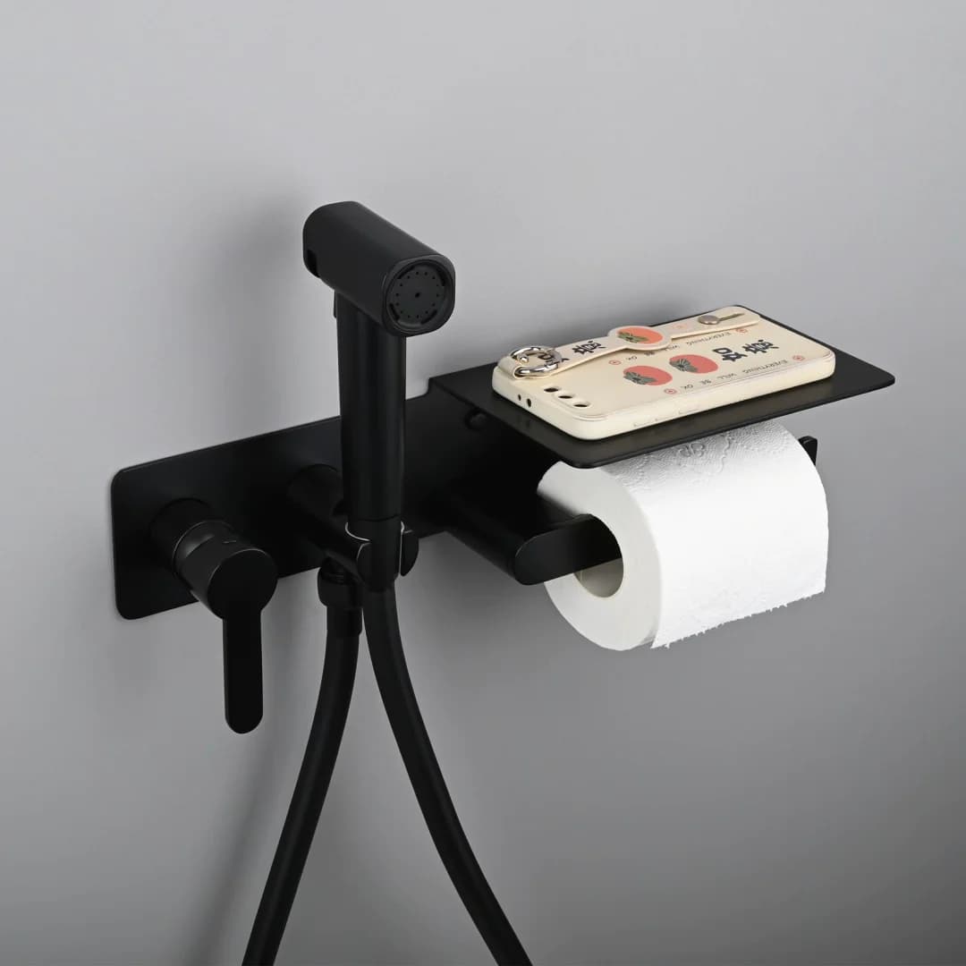 Rubinetto Bidet Oro Spazzolato con Porta Carta Igienica, Acqua Calda e Fredda, Doccetta a Spruzzo per WC, Rubinetto Bidet Oro Spazzolato