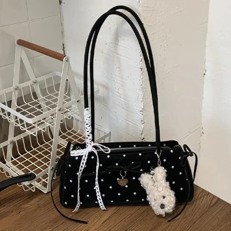 Fashion Polka Dot Underarm Bag Korean Lace Bow Pu Leather Shoulder Bag Zipper Opening High Quality Date Party Versatile Handbag