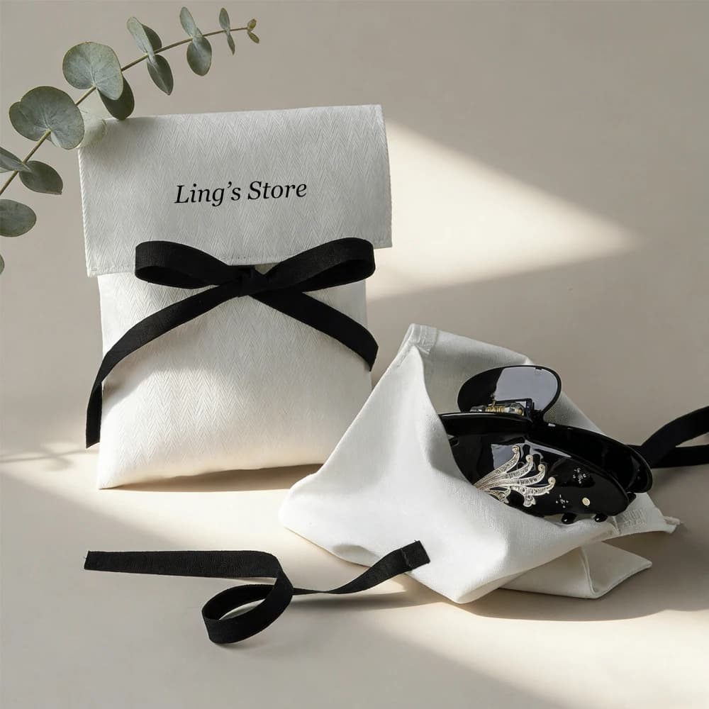 100Pcs Custom Logo White Jewelry Cotton Flap Bag Bowknot Envelope Canvas Pouch Ring Earrings Boutique Hairpin Necklace Organizer