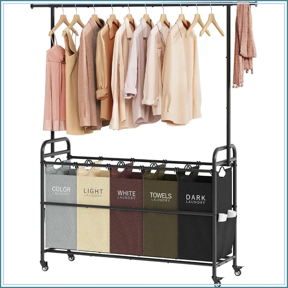 5-Section Laundry Sorter Cart with Hanging Rack, 65 Gal Rolling Hamper, Removable Bags, Heavy Duty Frame, Easy Assembly