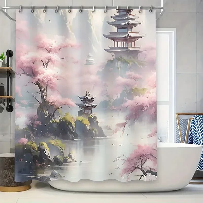 Affascinante tenda da doccia con pagoda orientale e fiori di ciliegio per l'arredamento del bagno ispirato a Zen con tessuto impermeabile