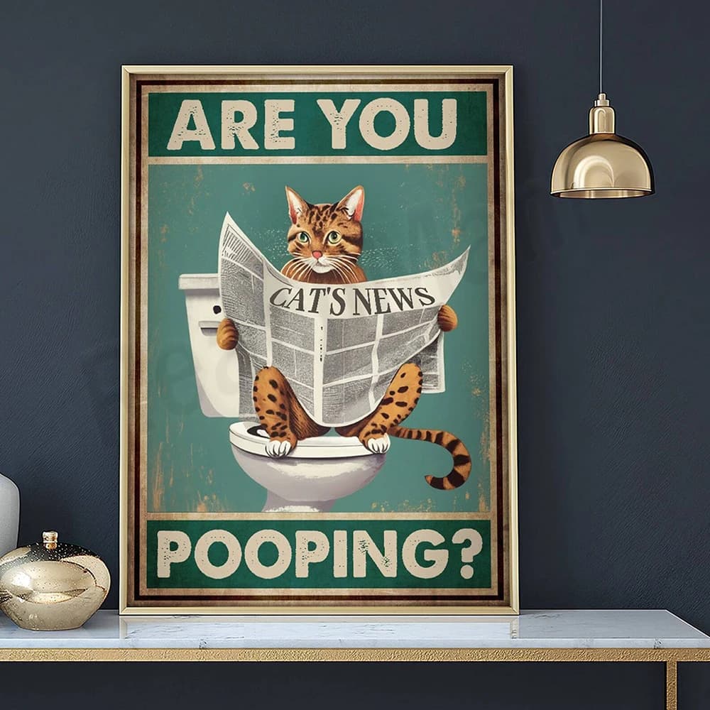 Poster di giornale che legge il gatto, poster di sei cacca, poster da bagno per gatti, tovagliolo da toilette per gatti, decorazione da parete per il bagno dei gatti