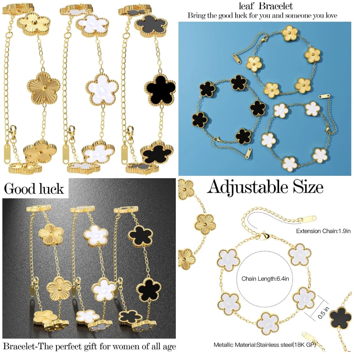 Bracciale Placcato Oro 18K a Forma di Quadrifoglio, Set di Bracciali Oro/Bianco/Nero per Donne, Motivo Fiore e Foglia Portafortuna