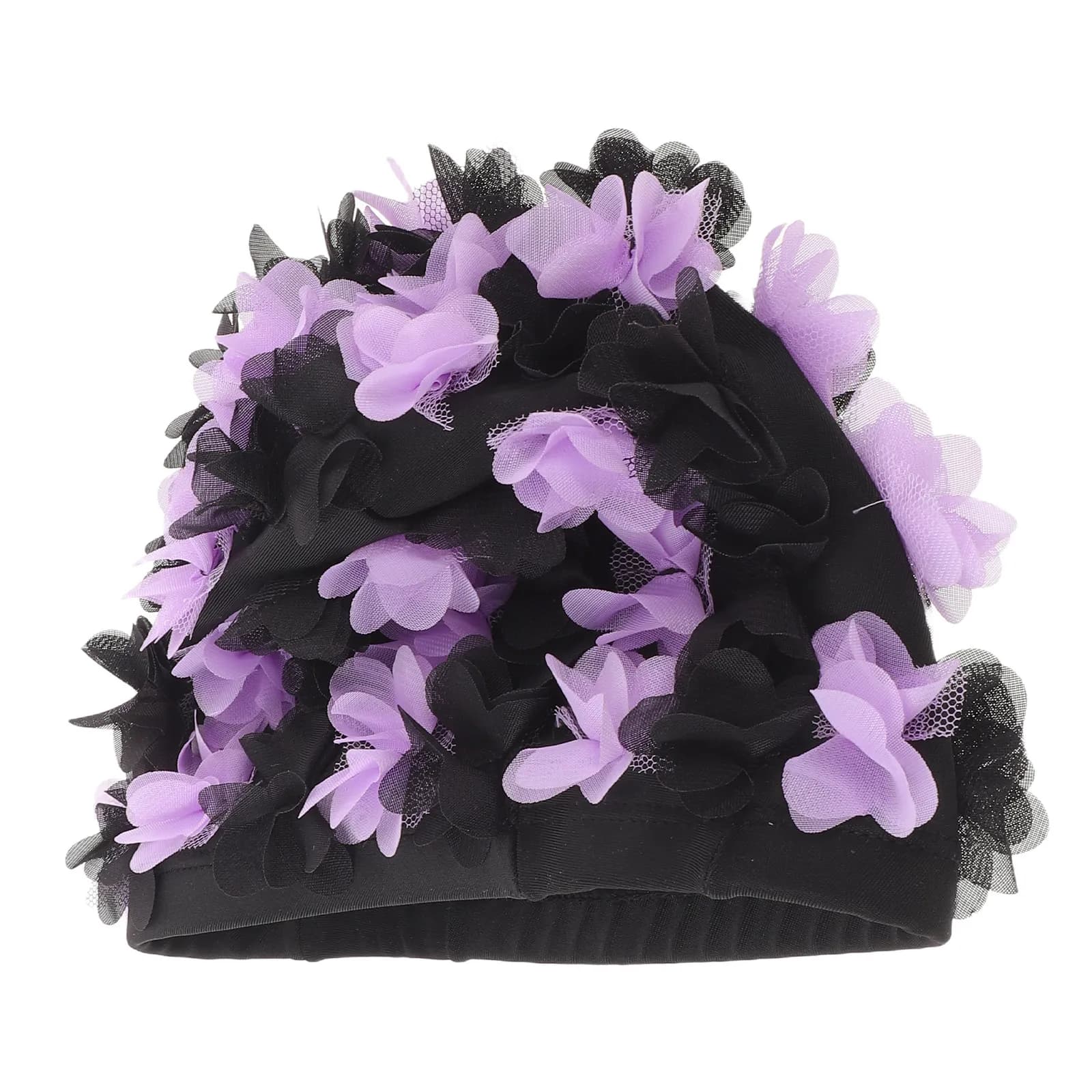 Women Floral Swim Cap, Fashion Retro Turban Hat for Long Hair, Swimming Hat for Pool Party, Waterproof Bathing Cap(Black Purple)
