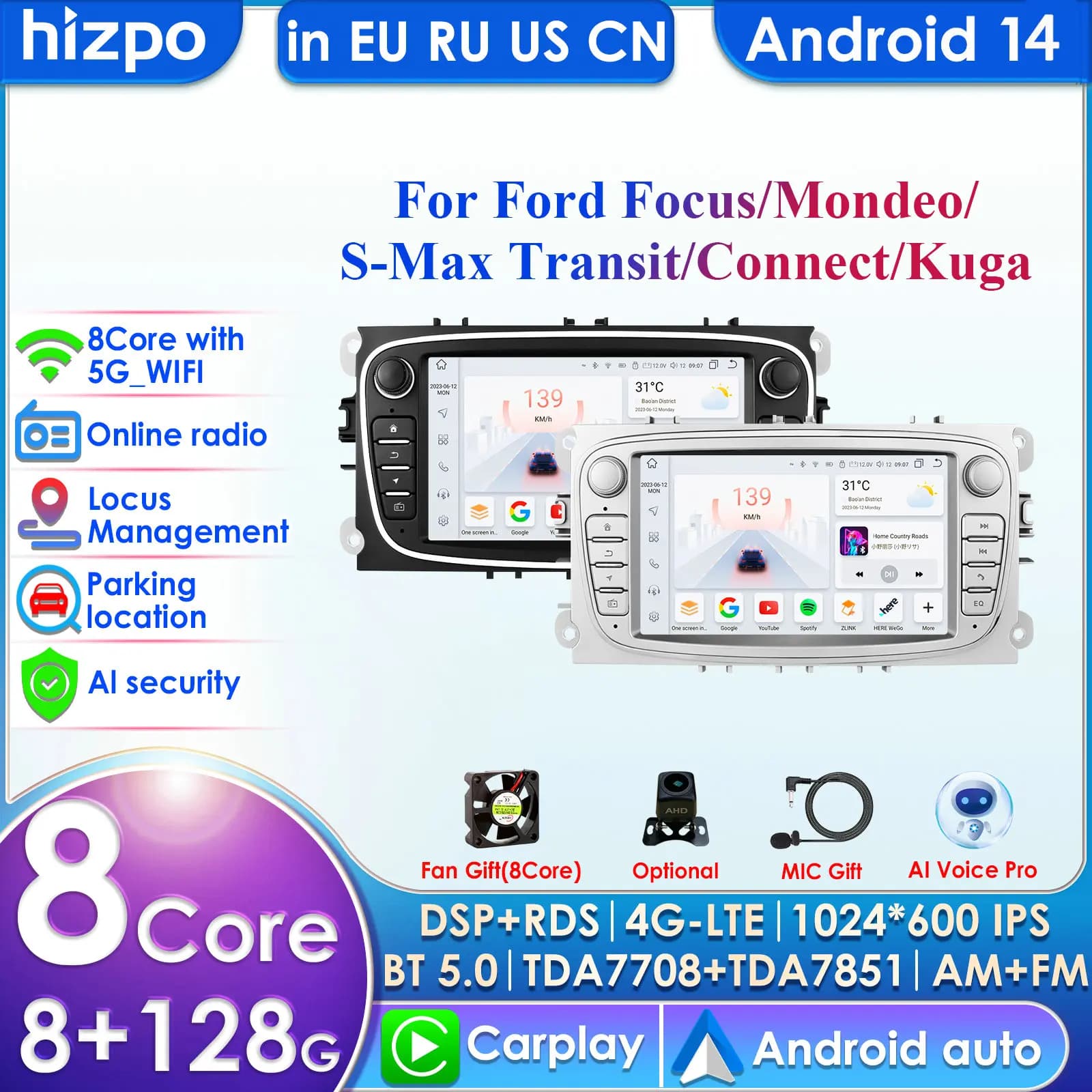 Hizpo 2 Din Android 14 Autoradio per FORD/Focus/S-MAX/Mondeo/C-MAX/Galaxy Car Lettore multimediale Video GPS USB DVR Camera FM WIFI