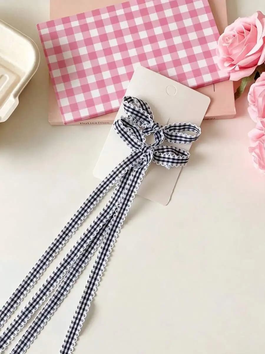 8pcs Gingham Lace Trim Bow Hair Clips For Women Sweet Double Ponytail Accessories
