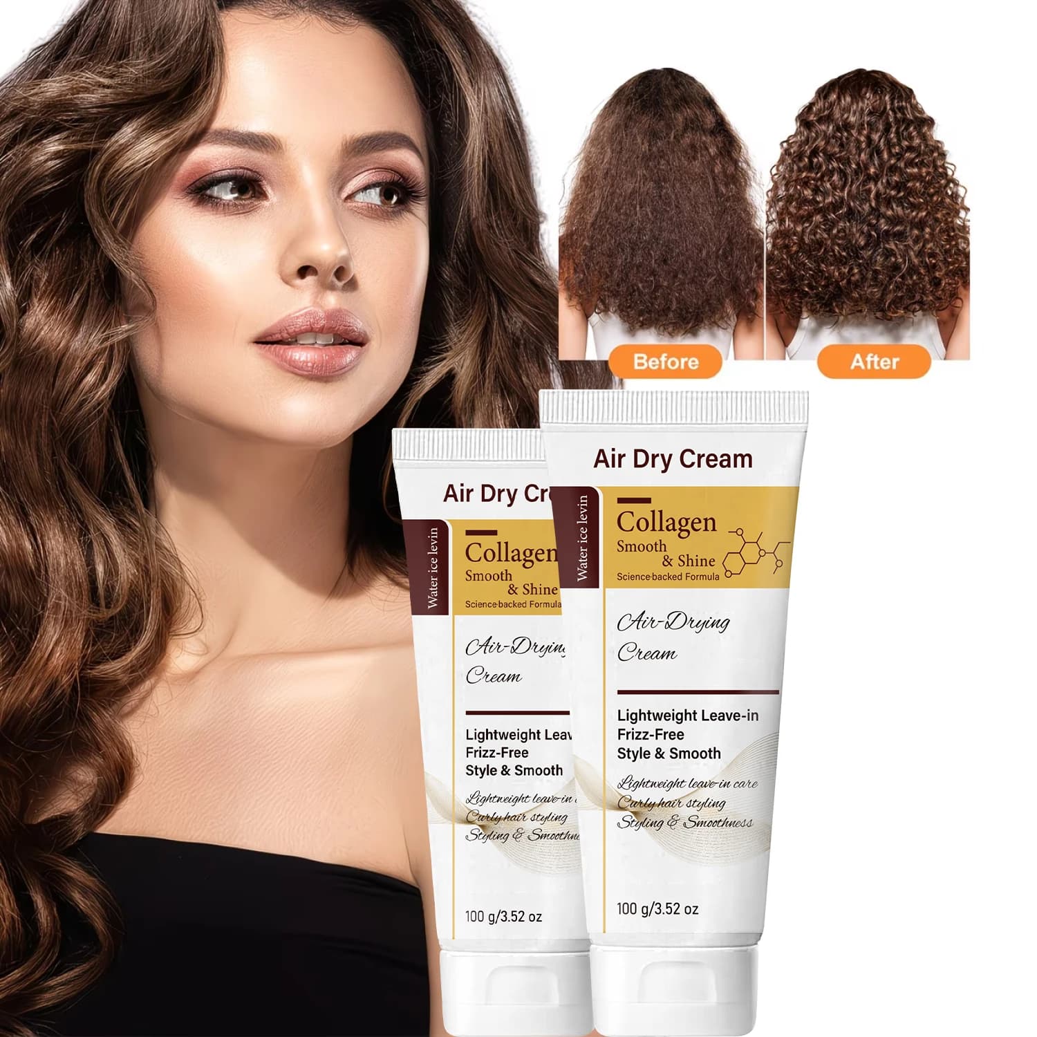 Water Ice Levin Air Dry Cream Collagen Smooth Shine Leggero Senza Risciacquo Anti-Crespo per Capelli Ricci, Valorizza la Lucentezza 100g