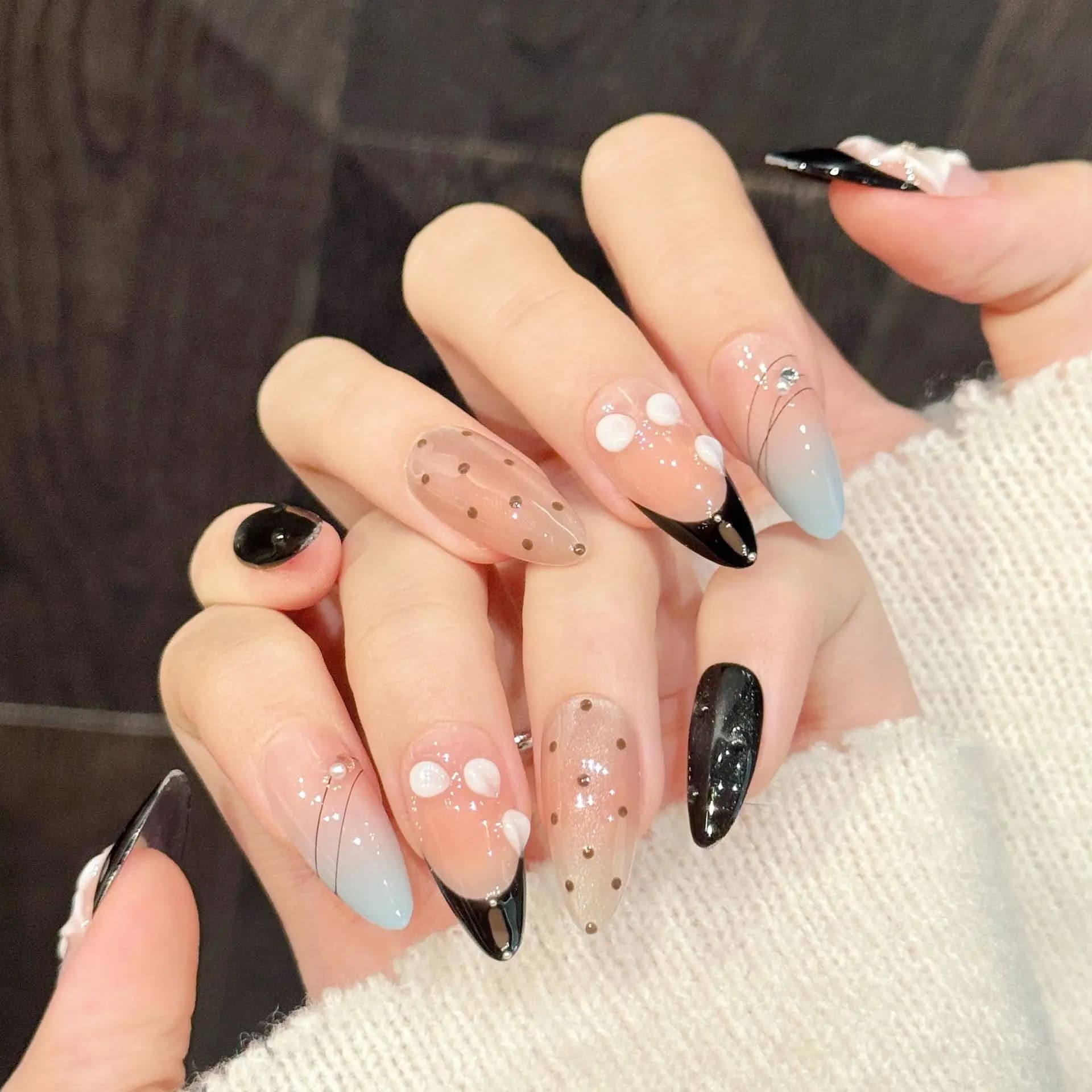10 pieces print on nails pink black shades medium almond fingernails handmade design cherry blossom glue on nails for women girls