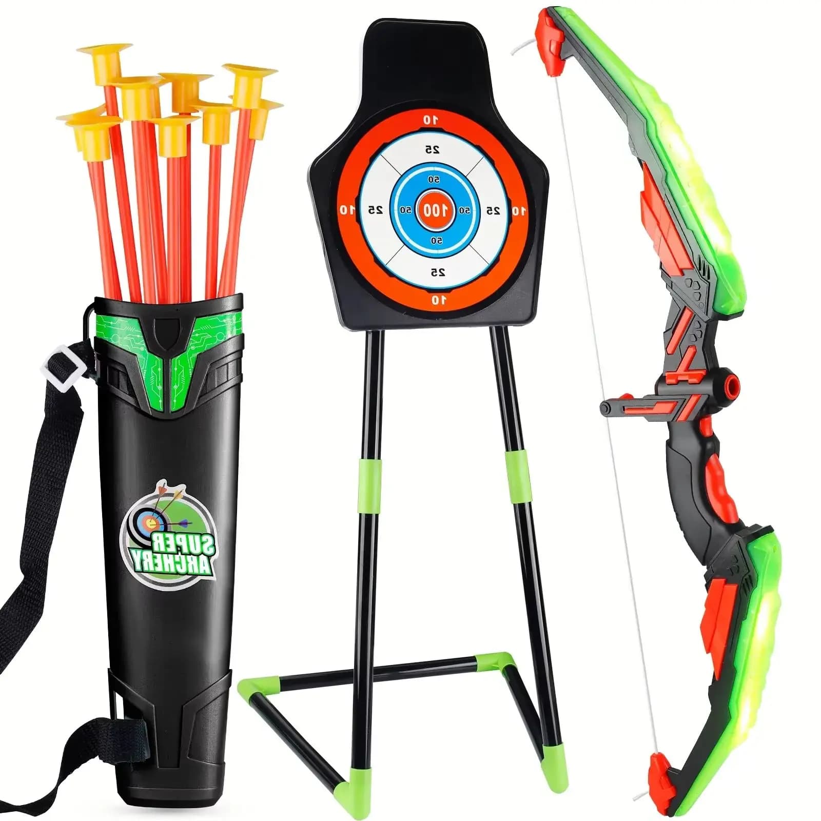 MQUDUO Light Up Bow and Arrow Set with Standing Target, Quiver and 10 Suction Cup Arrows for Backyard Aim Practice Gift