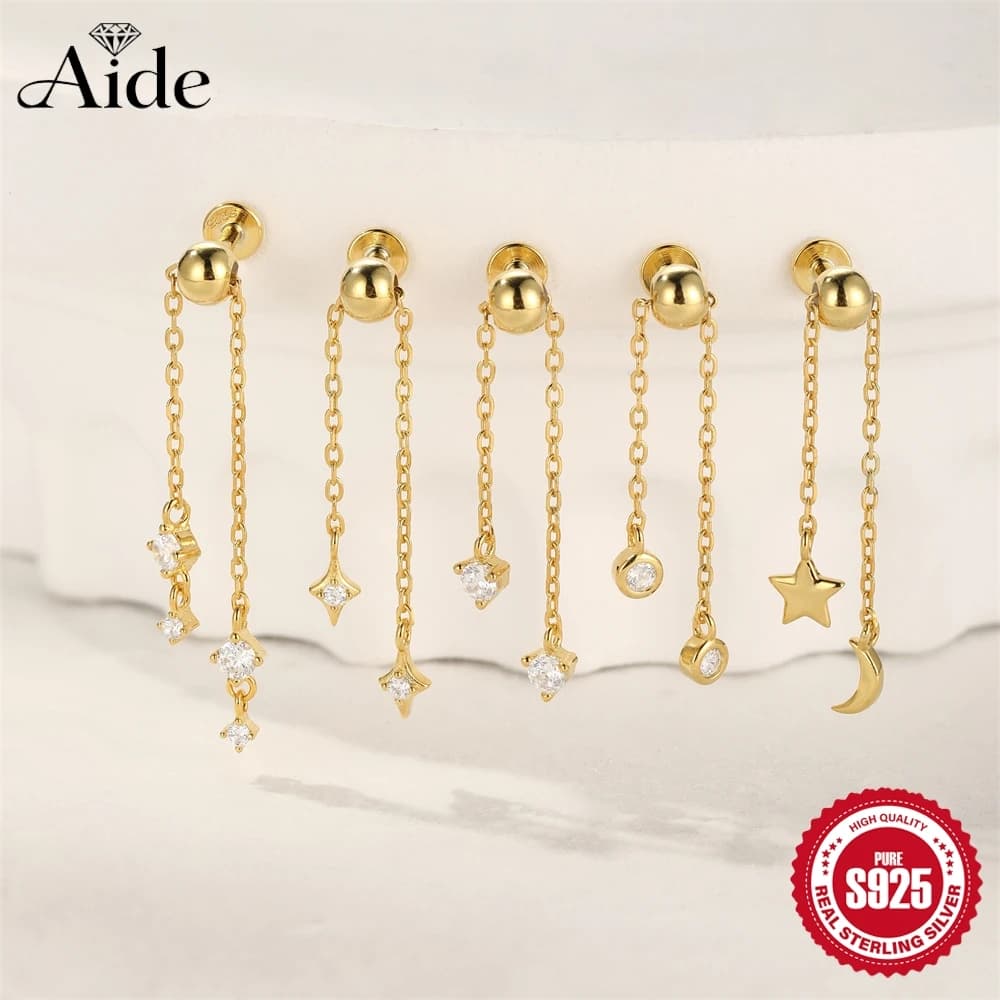 AIDE Orecchini Pendenti Minimalisti in Argento Sterling 925 con Stella, Luna e Nappa, Filettatura Interna, per Donna