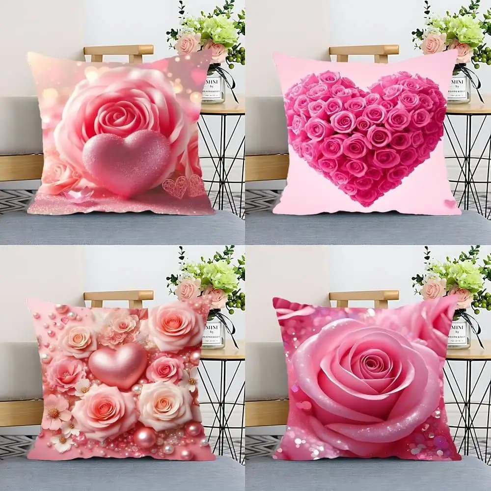 Floral pillow lining with sparkling hearts and pink roses, polyester decorative cushion lining, home decoration