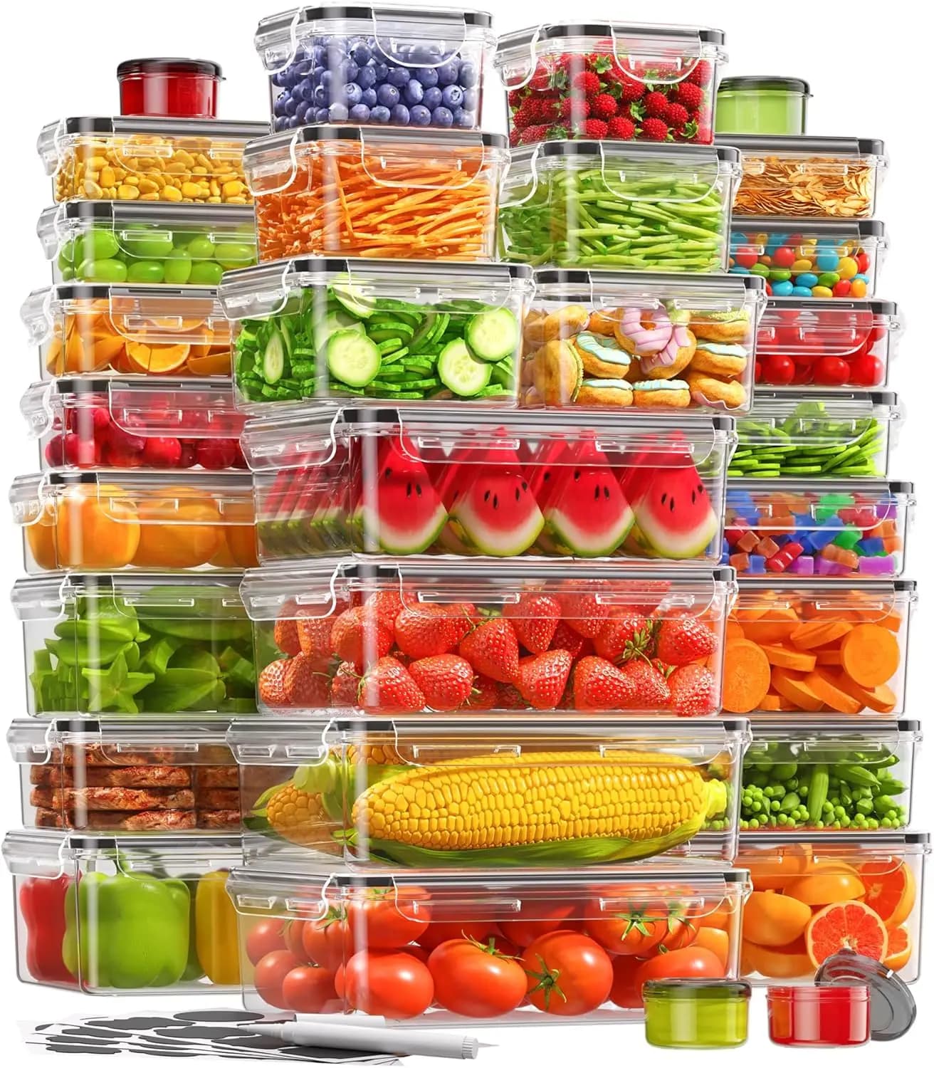 Set di 60 Contenitori per Alimenti con Coperchi, Senza BPA, Ermetici, per Preparazione Pasti, Contenitori Riutilizzabili in Plastica per Cucina con Etichette e Penna
