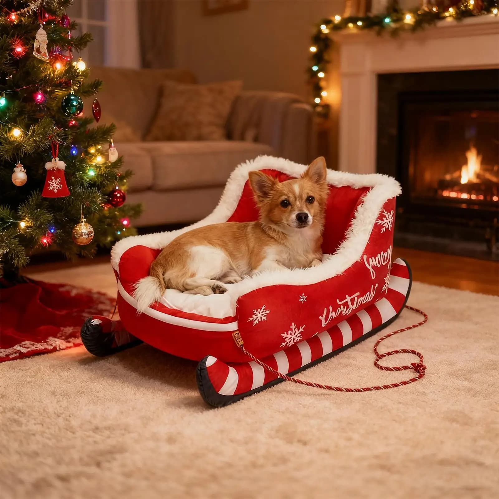 Amaca natalizia per gatti a slitta con fondo antiscivolo Divano letto lavabile per cani Nido per cani di piccola taglia e media Natale invernale