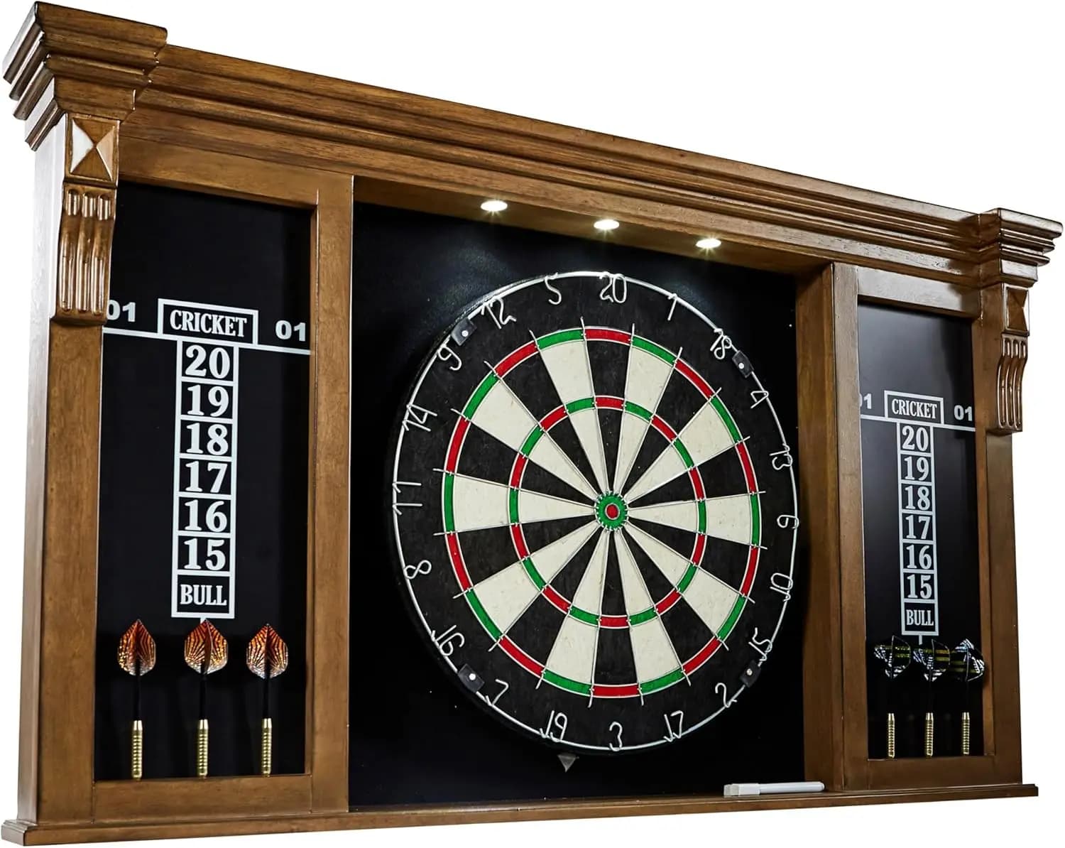 Mobiletto per freccette in legno, collezione preassemblata, con freccette a punta in acciaio e set di freccette con setole, perfetto per giochi di cricket