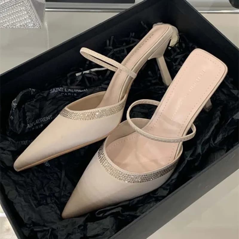 Sandali con tacco scorrevole decorati con strass in raso di lusso da donna Sandali sexy con punta a punta e cinturino posteriore Tacchi alti Pantofole da donna eleganti estive