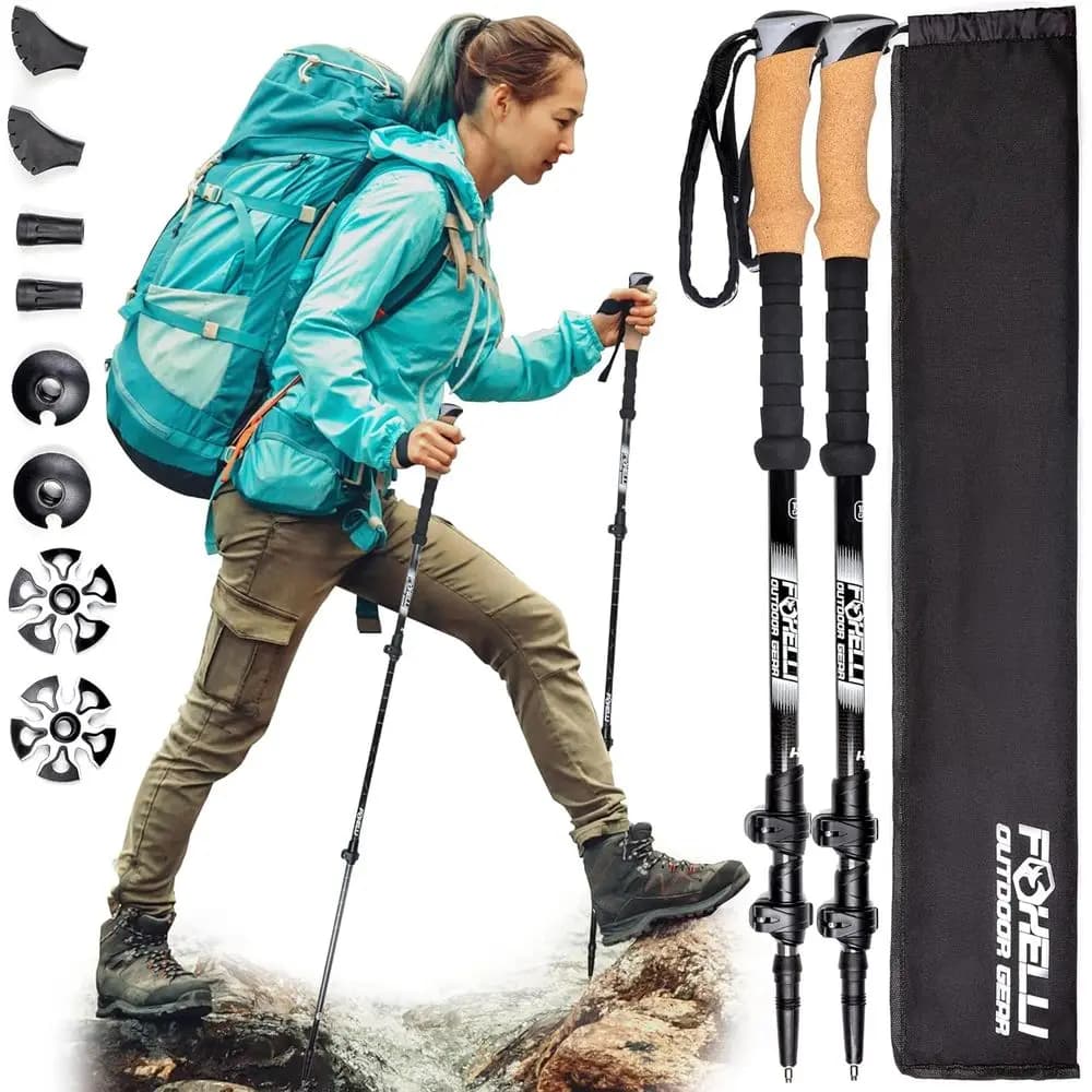 Bastoncini da Trekking Leggeri e Pieghevoli con Impugnature in Sughero, Chiusure Rapide, Accessori per Tutti i Terreni - Bastoni da Escursionismo Regolabili per Uomo