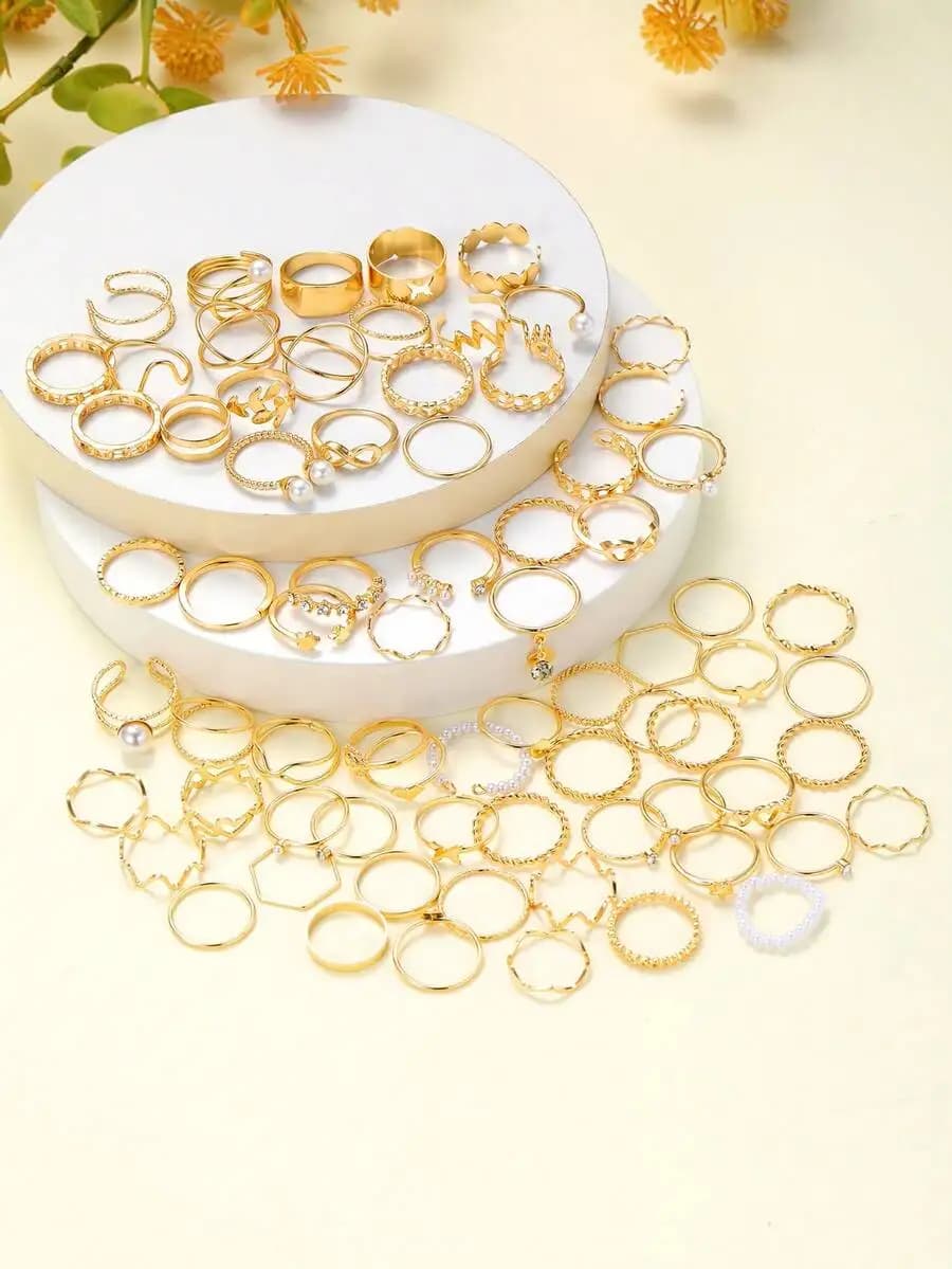 Set di 70 anelli impilabili con perle finte geometriche semplici a forma di cuore per donna, regalo casual per feste e vacanze