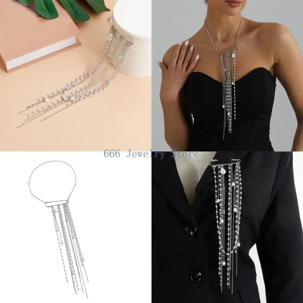 F2TD Sophisticated Twist Lock Pearls Tassels Necklace With Optional Brooch Function