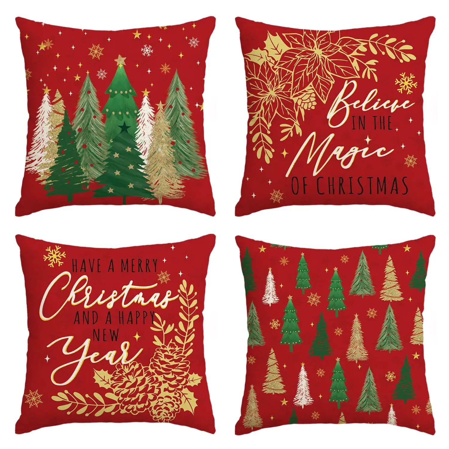 Christmas Trees Poinsettia Snowflake Eucalyptus Throw Pillow Covers, Xmas Winter Holiday Cushion Case Decor for Couch Set of 4
