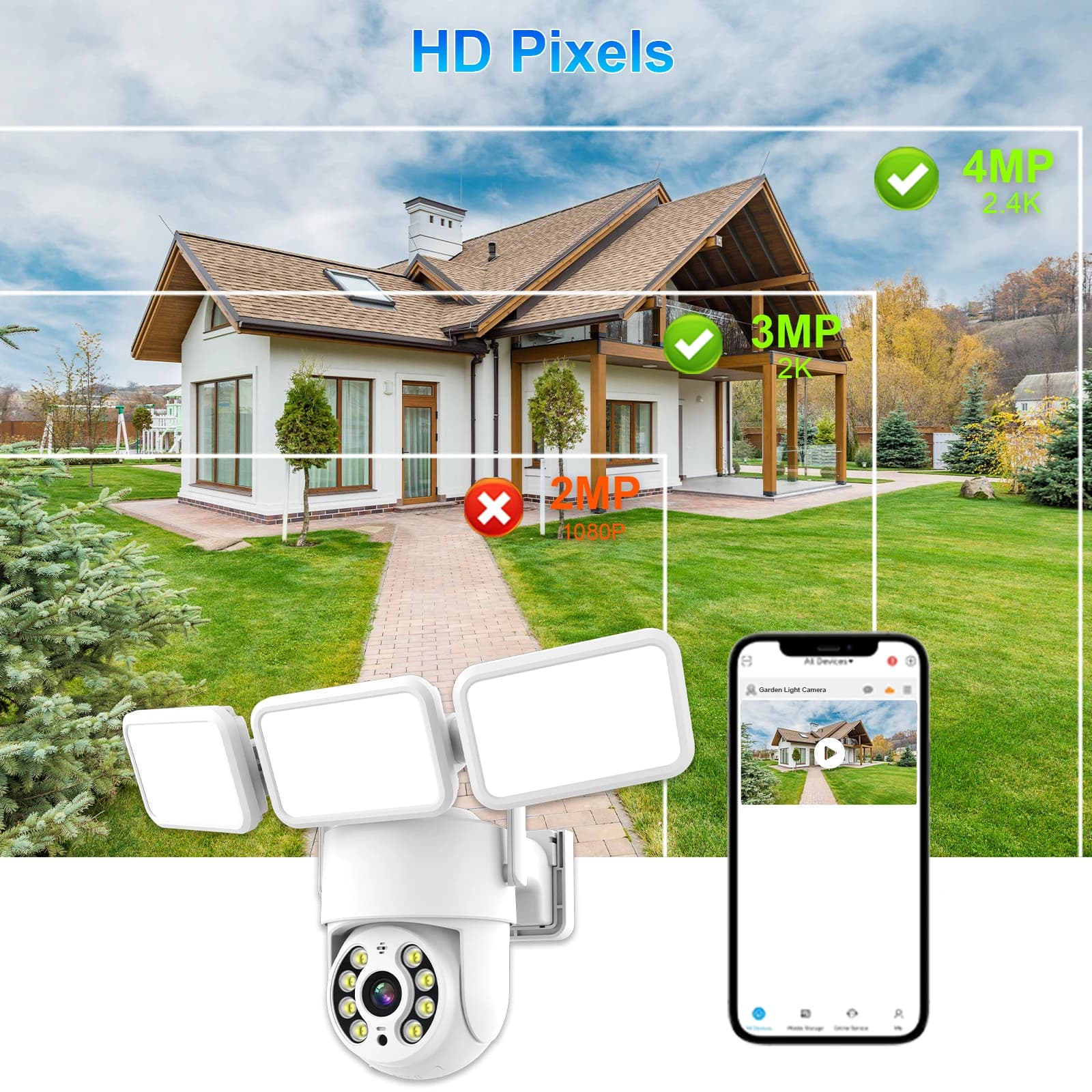 Telecamera di Sicurezza Domestica con Faretto, Risoluzione 4MP 2K, Rilevamento Movimento, Archiviazione Cloud e Locale, per Sorveglianza Domestica