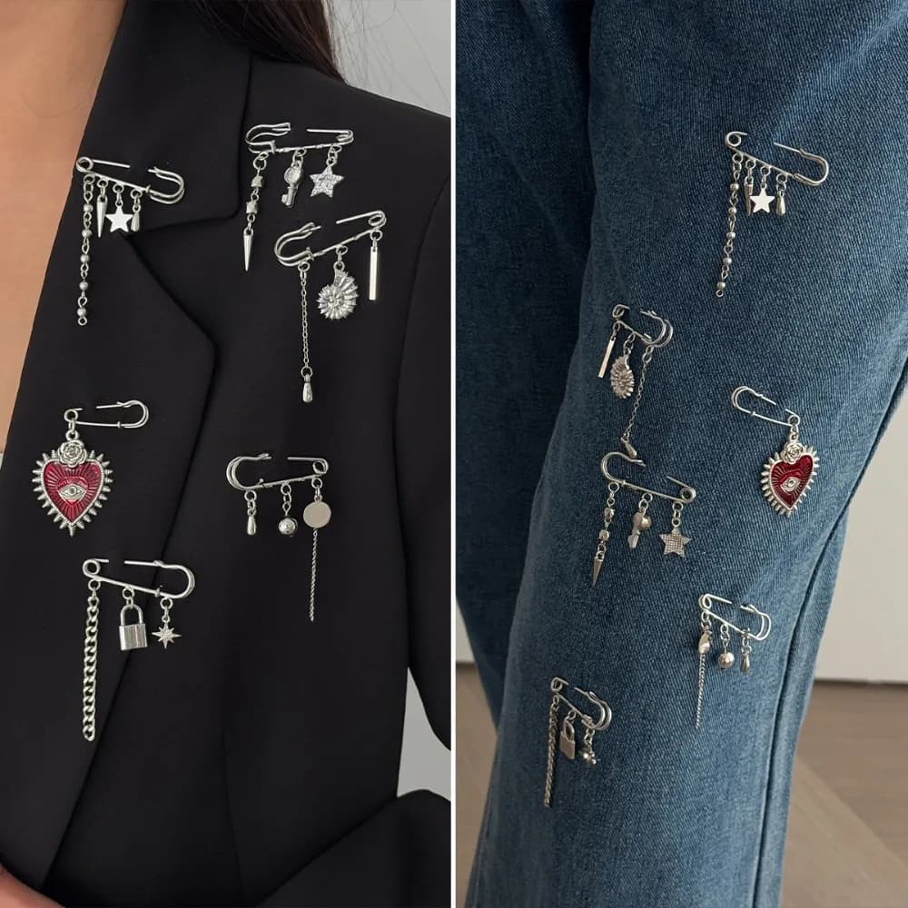 Set di 6 Spille di Sicurezza Punk Trendy per Donne, Spille Gotiche a Forma di Cuore e Stella con Catena e Nappine per Decorare Abiti e Jeans, Set di Gioielli