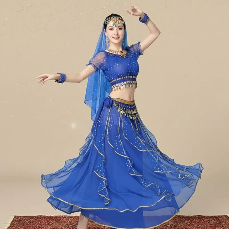 Belly Dance Costume 7-Piece Sari Set Choli Top Maxi Swing Skirt Women's Indian Performance Outfit