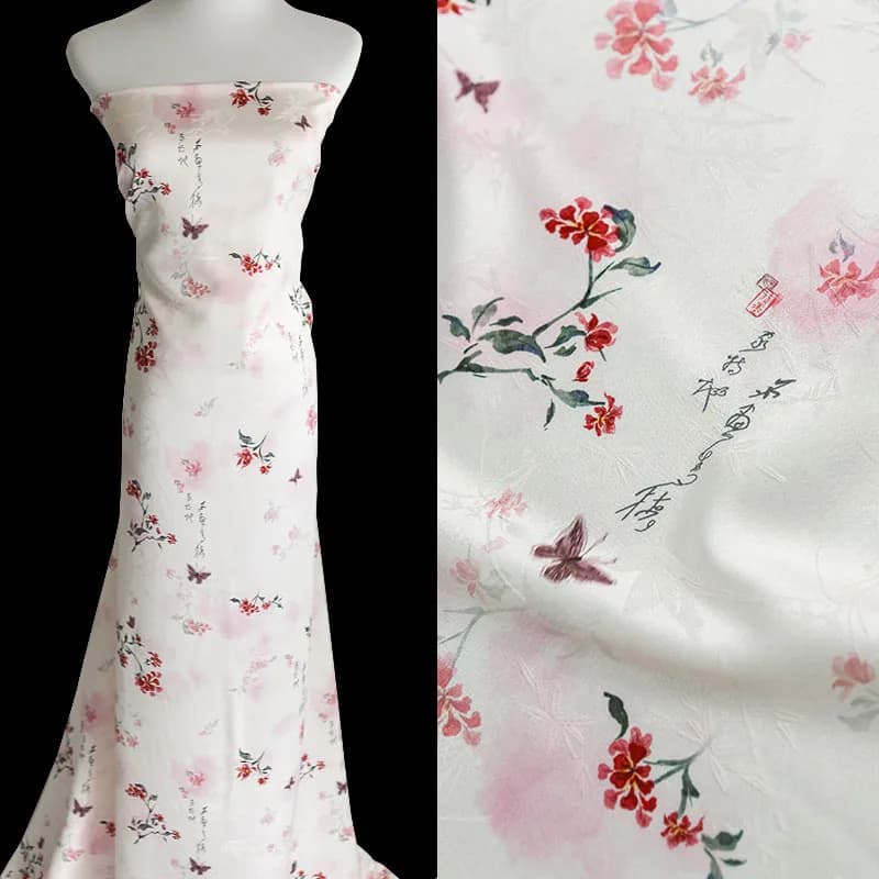 Freehand Safflower Calligraphy National Style Jacquard Printing Fabric Shirt Set Cheongsam Dress Spring Autumn and Summer