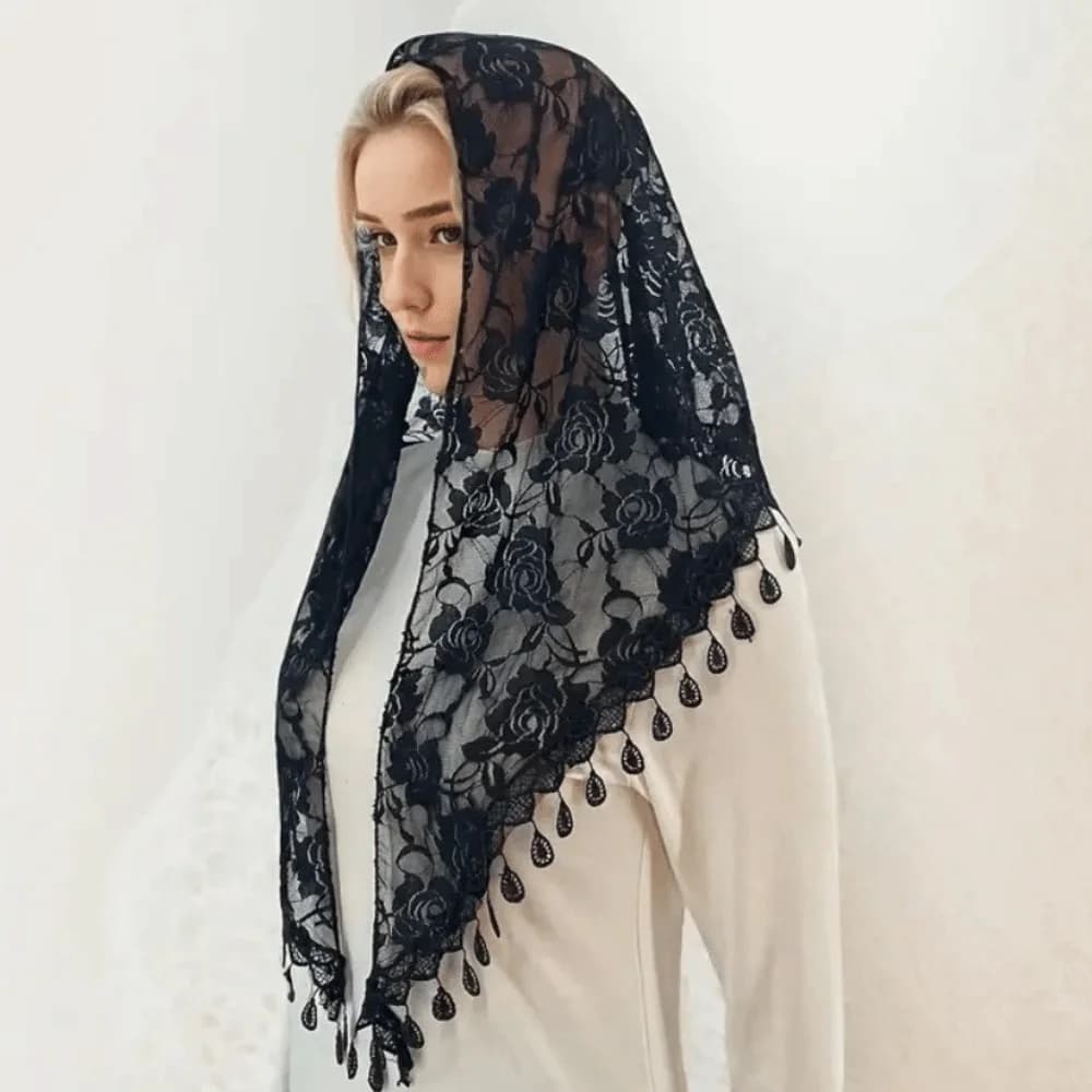 Foulard Vintage Traspirante con Nappe e Ricami, Elegante Copricapo in Pizzo Floreale, Velo Mantilla per Cappella Cattolica