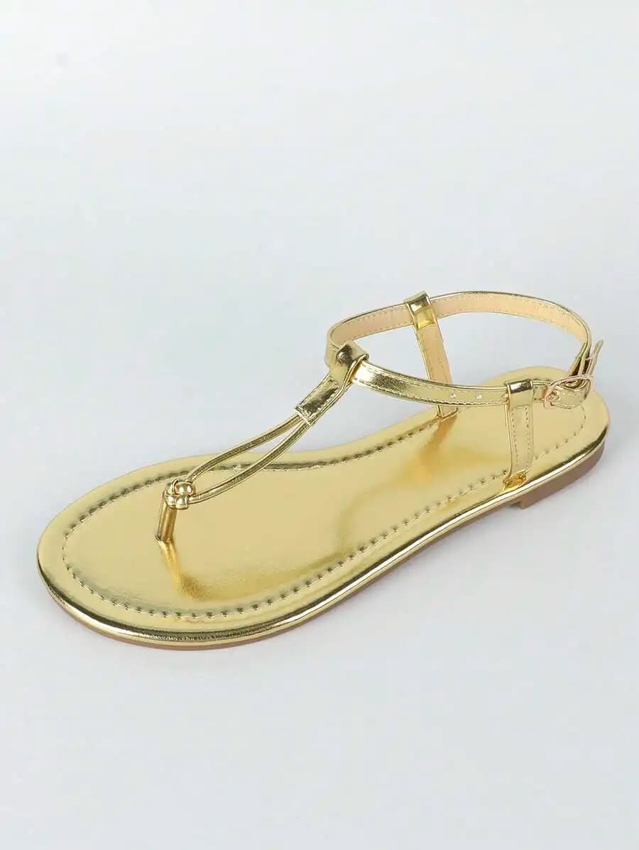 Womens Metal Strap T-Strap Flat Sandals For Summer Casual Wear