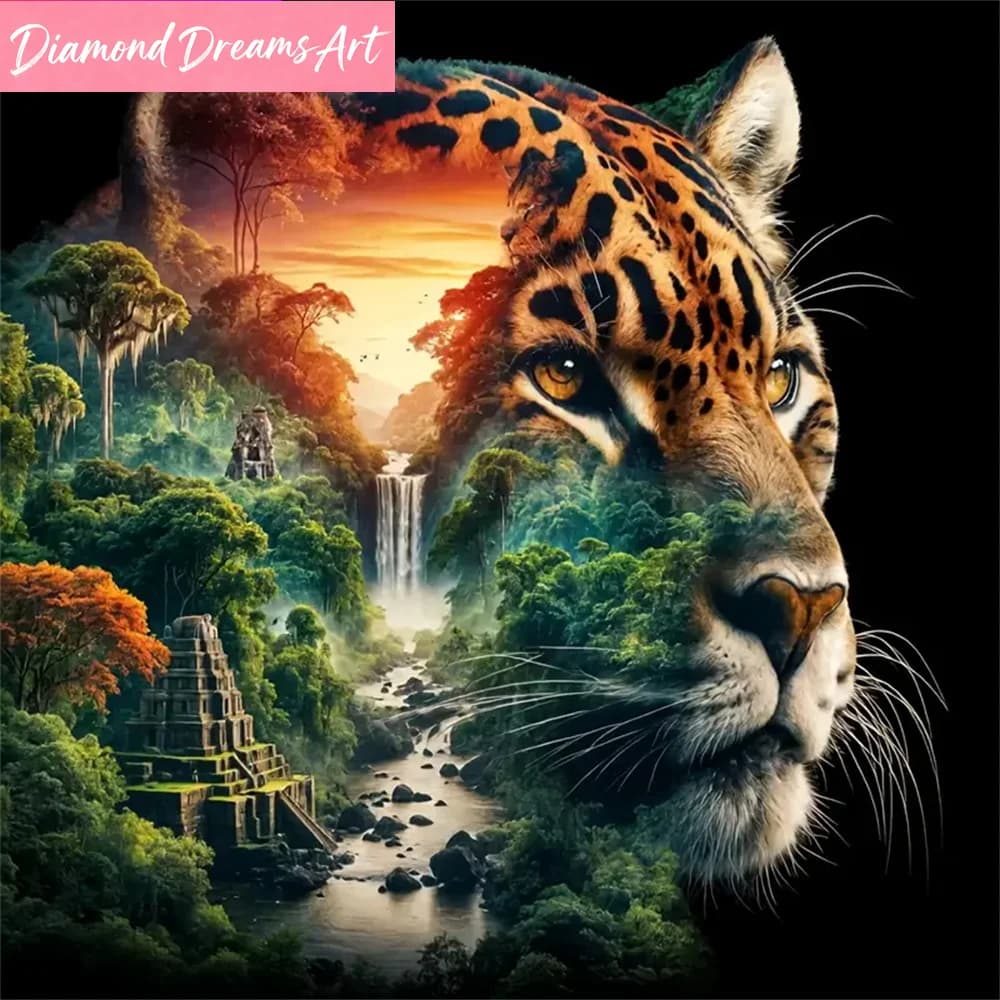 Kit per Pittura Diamante Mosaico Leopardo con Strass, Paesaggio Cascata, Ricamo Fai da Te, Regali per le Feste, Senza Cornice