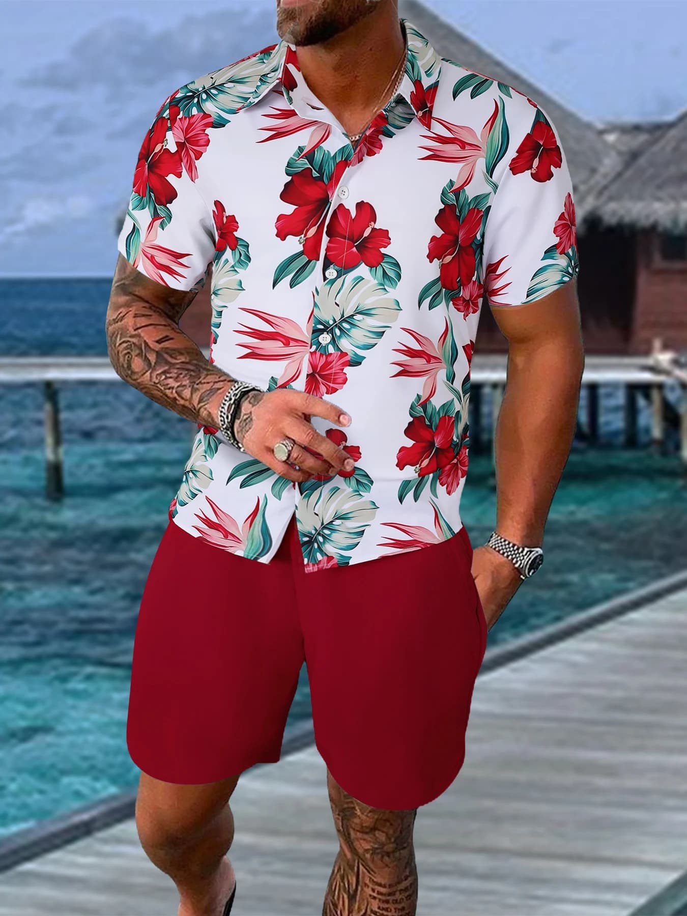 Men's suit 2 pieces with floral print ibisco red, short sleeve shirt with Cuban collar and shorts with coulisse, summer Hawaiian outfit for holidays