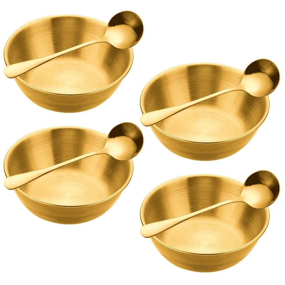 Set di 4 Piattini per Salse in Acciaio Inox e 4 Cucchiai per Condimenti, Vassoi per Servire Antipasti, Piatti per Spezie, Stoviglie da Cucina