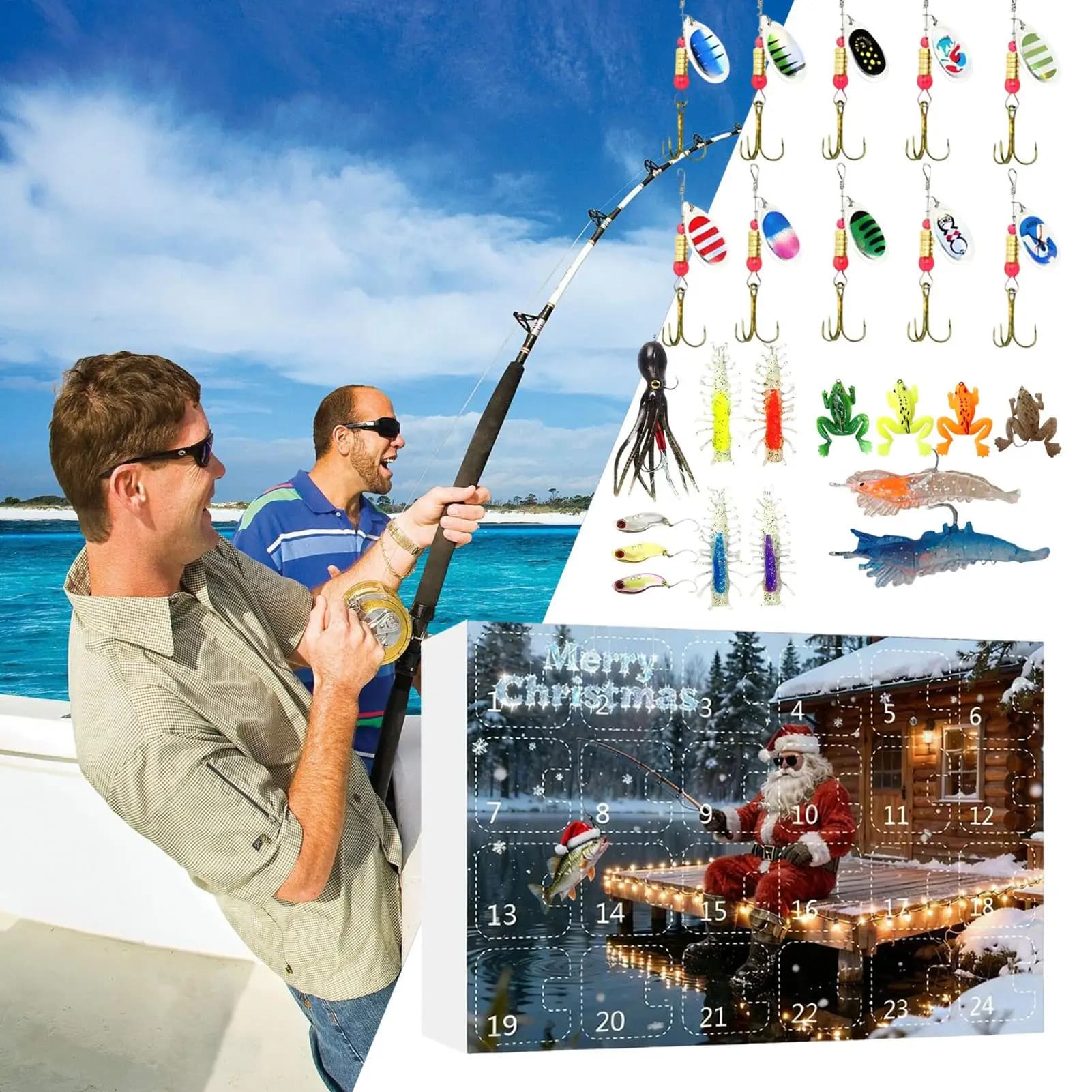 Calendario delle esche da pesca dell'Avvento Calendario per il conto alla rovescia con pesca d'acqua dolce e salata Esche da pesca per amici pescatori Uomini Adolescenti