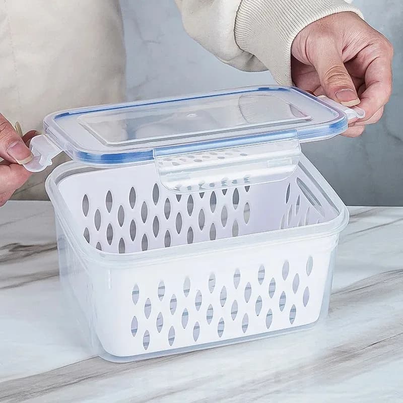 Scatola di conservazione sigillata a doppio strato, scatola di plastica per il drenaggio di frutta e verdura, doppio strato ad alta trasparenza per microonde