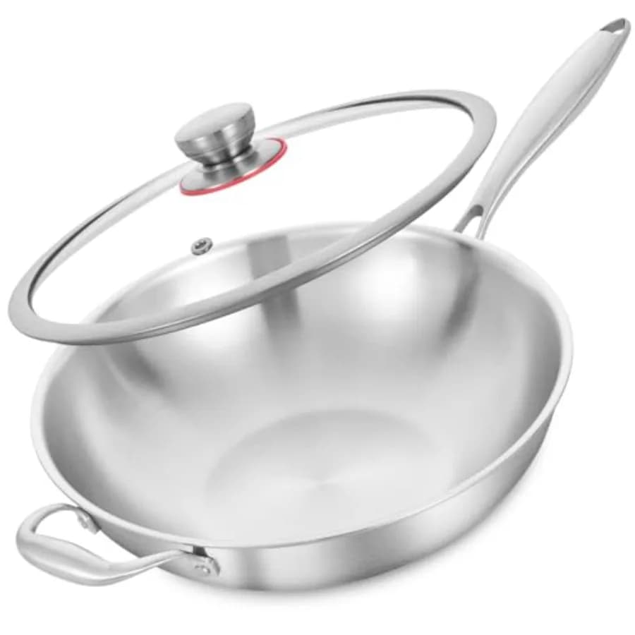 Stainless Steel Wok with Glass Cover, Tri-Ply Plate for Stir-Fry with Stackable Handle, Non-coated Kitchen Wok for Induction and Gas