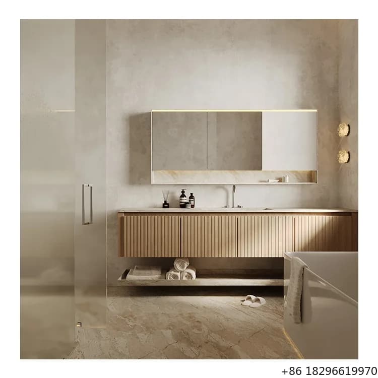 Mobile Bagno Sospeso in Granito e Marmo con Doppio Lavabo e Specchio Smart per Hotel e Casa