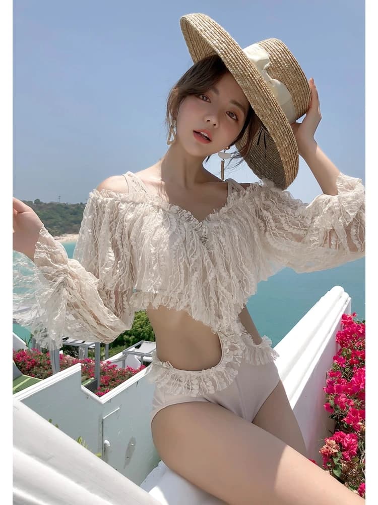 Sexy Lace Tie Swimsuit Women Long Sleeve Cover up Shoulder Baring Bikini Casual Swimwear by Tagkita Fixed Bust Pad