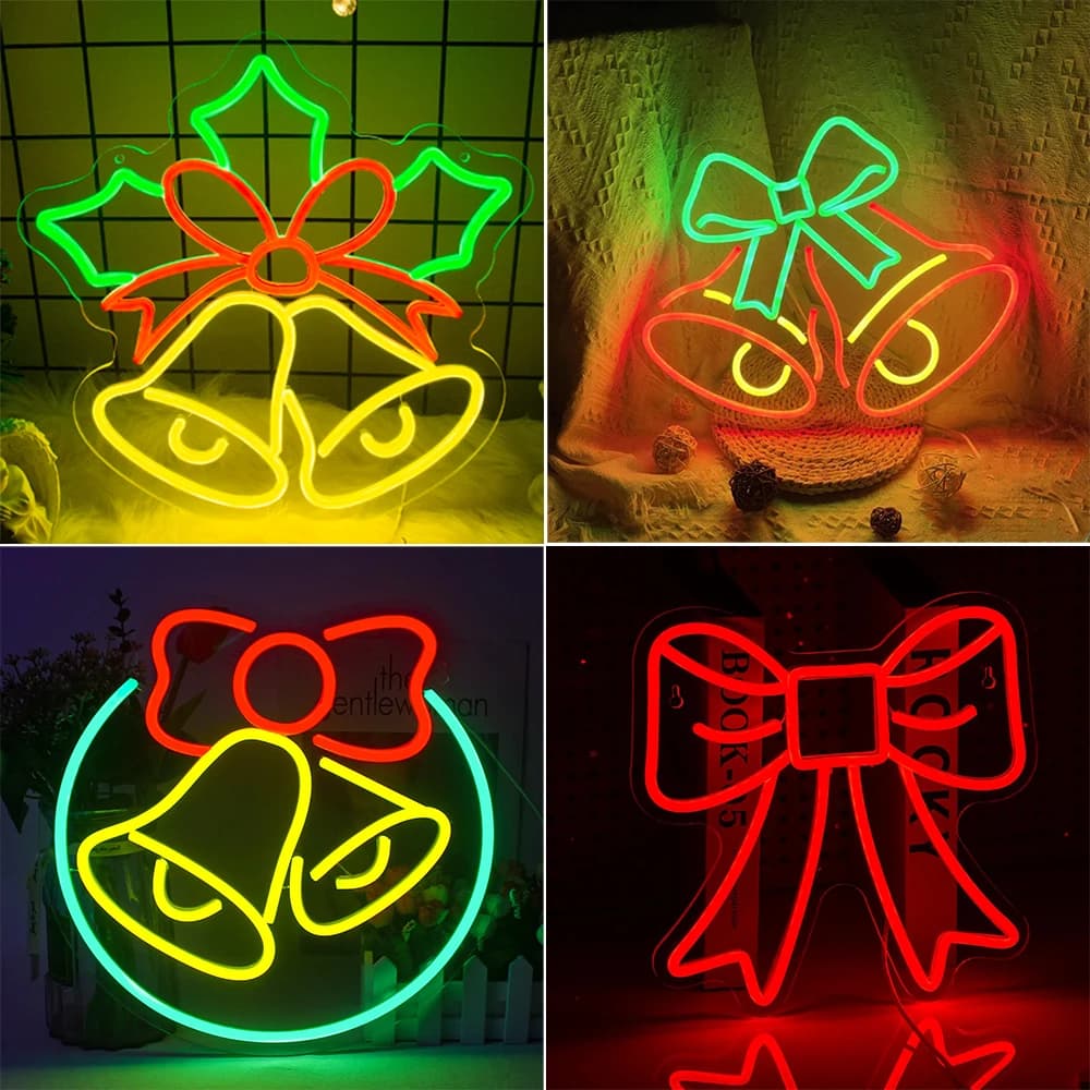 Campana di Natale Insegna al neon Campana Papillon Decorazione per albero di Natale Led Light Up Sign Decorazione da parete con dimmer per camera da letto Negozio Lampada da festa
